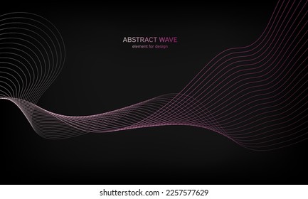 Abstract wave element for design on black background. Colorful gradient shiny waves with lines. Digital frequency track equalizer. Curved wavy line. Smooth stripe. Stylized art. Modern design. Vector.