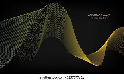 Abstract wave element for design on black background. Colorful gradient shiny waves with lines. Digital frequency track equalizer. Curved wavy line. Smooth stripe. Stylized art. Modern design. Vector.