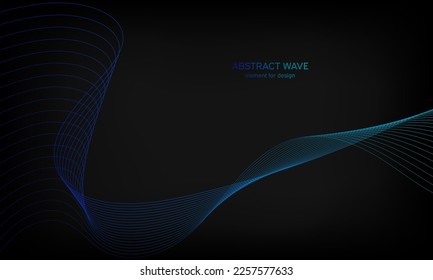 Abstract wave element for design on black background. Colorful gradient shiny waves with lines. Digital frequency track equalizer. Curved wavy line. Smooth stripe. Stylized art. Modern design. Vector.