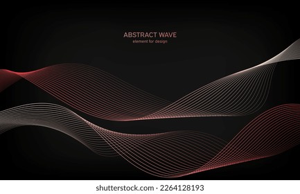 Abstract wave element for design on black background. Colorful gradient shiny waves with lines. Digital frequency track equalizer. Curved wavy line. Smooth stripe. Stylized art. Modern design. Vector.