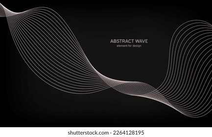 Elemento de onda abstracta para diseño sobre fondo negro. Olas brillantes de gradiente colorido con líneas. Ecualizador de pista de frecuencia digital. Línea ondulada curvada. Tira suave. Arte estilizado. Diseño moderno. Vector.