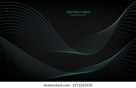 Abstract wave element for design on black background. Colorful gradient shiny waves with lines. Digital frequency track equalizer. Curved wavy line. Smooth stripe. Stylized art. Modern design. Vector.