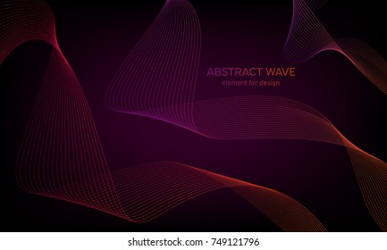 Abstract wave element for design on colorful background. Digital frequency track equalizer. Stylized line art. Colorful wave with lines created using blend tool. Curved wavy line, smooth stripe.Vector