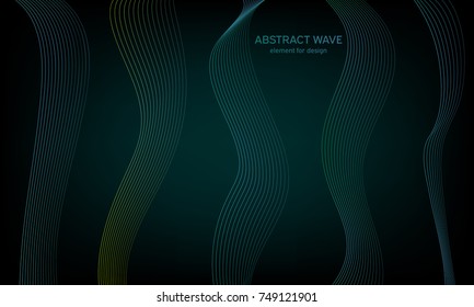 Abstract wave element for design on colorful background. Digital frequency track equalizer. Stylized line art. Colorful wave with lines created using blend tool. Curved wavy line, smooth stripe.Vector