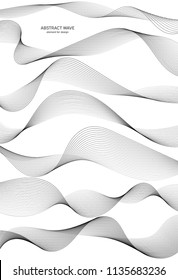 Abstract wave element for design. Set. Digital frequency track equalizer. Stylized line art background. Vector illustration. Wave with lines created using blend tool. Curved wavy line, smooth stripe.