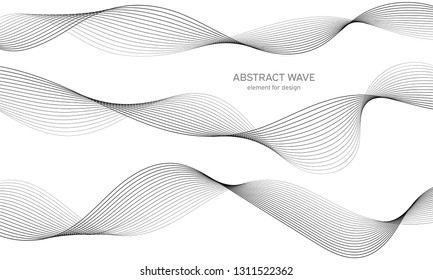 Abstract wave element for design. Set. Digital frequency track equalizer. Stylized line art background. Vector illustration. Wave with lines created using blend tool. Curved wavy line, smooth stripe.