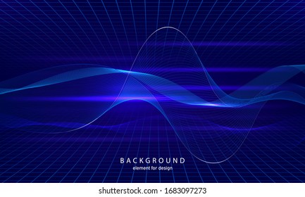Abstract wave element with perspective mesh with depth of field effect for design. Grid. Digital equalizer. Stylized line art background. Colorful shiny waves with lines. Curved wavy line. Vector