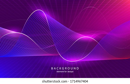 Abstract wave element with perspective mesh with depth of field effect for design. Grid. Digital equalizer. Stylized line art background. Colorful shiny waves with lines. Curved wavy line. Vector