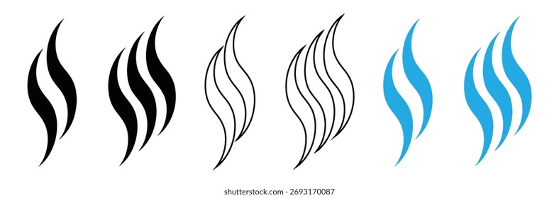 Iconos Abstractas de la onda y de la llama en negro, contorno, y azul para el diseño moderno, conjunto de iconos de la llama aislados en el fondo blanco en diversos estilos
