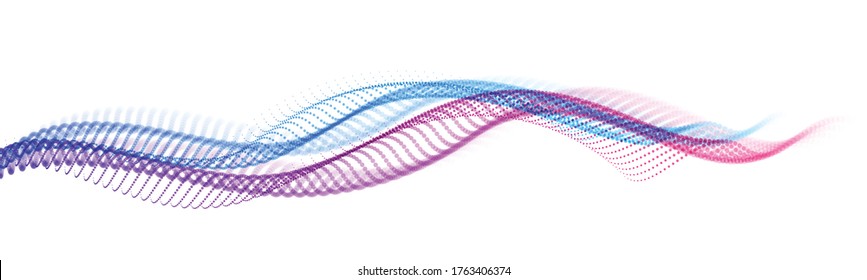 Abstract wave flow of runny dotted particles vector abstract background, technology and science big data flow, nanotechnology, 3D airy light mixed dots array motion.