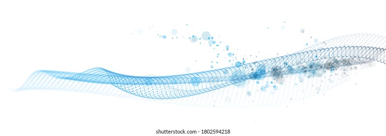 Abstract wave flow of runny dotted particles vector abstract background, technology and science big data flow, nanotechnology, 3D airy light mixed dots array motion.