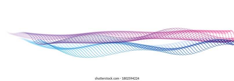 Abstract wave flow of runny dotted particles vector abstract background, technology and science big data flow, nanotechnology, 3D airy light mixed dots array motion.
