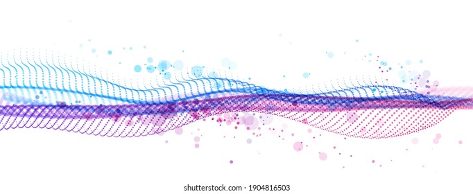 Abstract wave flow of runny dotted particles vector abstract background, technology and science big data flow, nanotechnology, 3D airy light mixed dots array motion.