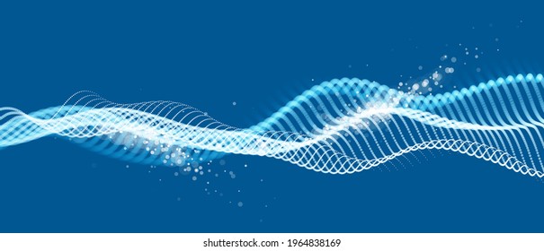 Abstract wave flow of runny dotted particles vector abstract background, technology and science big data flow, nanotechnology, connection information tech design.