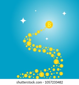 Abstract wave in the form of bitcoin. Bitocaine flying in an abstract spiral. Flat design, vector illustration, vector.