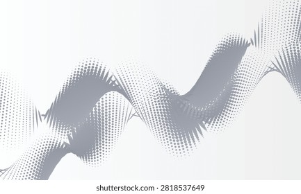Abstract wave form composed of grey halftone dots, arranged in a flowing sinuous pattern on white