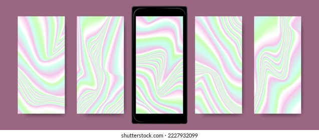 Abstract wave gradient backgrounds, holographic screensavers set.
