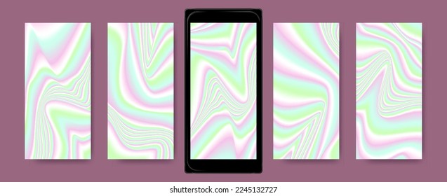 Abstract wave gradient backgrounds, holographic screensavers set.