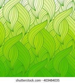 Abstract wave green background of doodle drawn lines. Colorful floral pattern. Green sketch. Scribble lines drawing. Colored hand drawn. Doodles vector