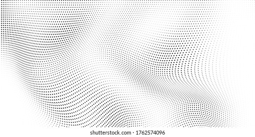 Abstract wave halftone black and white. Monochrome texture for printing on badges, posters, and business cards. Vintage pattern of dots randomly arranged