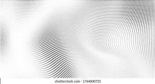 Abstract wave halftone black and white. Monochrome texture for printing on badges, posters, and business cards. Vintage pattern of dots randomly arranged