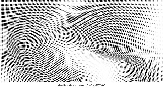 Abstract wave halftone black and white. Monochrome texture for printing on badges, posters, and business cards. Vintage pattern of dots randomly arranged