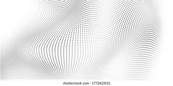 Abstract wave halftone black and white. Monochrome texture for printing on badges, posters, and business cards. Vintage pattern of dots randomly arranged