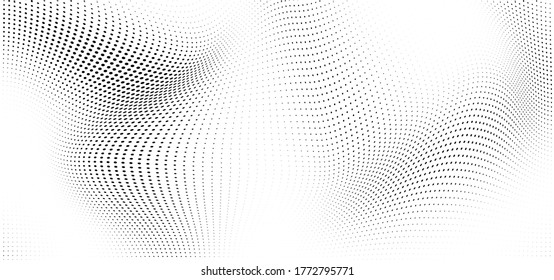 Abstract wave halftone black and white. Monochrome texture for printing on badges, posters, and business cards. Vintage pattern of dots randomly arranged