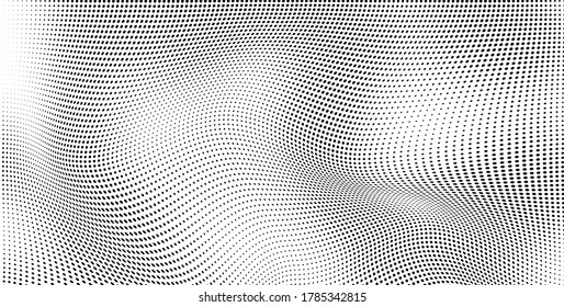 Abstract wave halftone black and white. Monochrome texture for printing on badges, posters, and business cards. Vintage pattern of dots randomly arranged