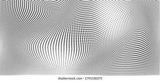 Abstract wave halftone black and white. Monochrome texture for printing on badges, posters, and business cards. Vintage pattern of dots randomly arranged