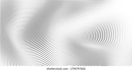 Abstract wave halftone black and white. Monochrome texture for printing on badges, posters, and business cards. Vintage pattern of dots randomly arranged
