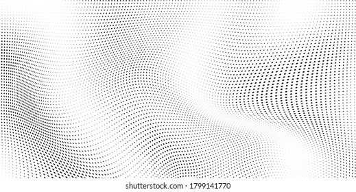 Abstract wave halftone black and white. Monochrome texture for printing on badges, posters, and business cards. Vintage pattern of dots randomly arranged
