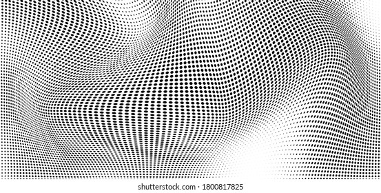 Abstract wave halftone black and white. Monochrome texture for printing on badges, posters, and business cards. Vintage pattern of dots randomly arranged