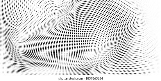 Abstract wave halftone black and white. Monochrome texture for printing on badges, posters, and business cards. Vintage pattern of dots randomly arranged
