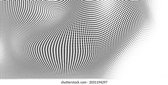 Abstract wave halftone black and white. Monochrome texture for printing on badges, posters, and business cards. Vintage pattern of dots randomly arranged
