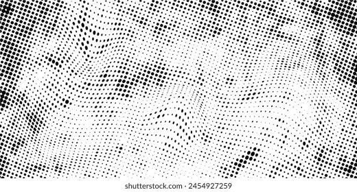 Abstract wave halftone black and white. Monochrome texture for printing on badges, posters, and business cards. Vintage pattern of dots randomly arranged
