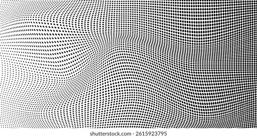 Abstract wave halftone black and white. Monochrome texture for printing on badges, posters, and business cards. Vintage pattern of dots randomly arranged