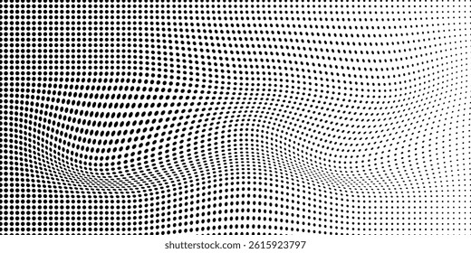 Abstract wave halftone black and white. Monochrome texture for printing on badges, posters, and business cards. Vintage pattern of dots randomly arranged