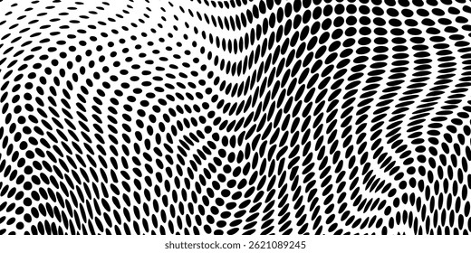 Abstract wave halftone black and white. Monochrome texture for printing on badges, posters, and business cards. Vintage pattern of dots randomly arranged