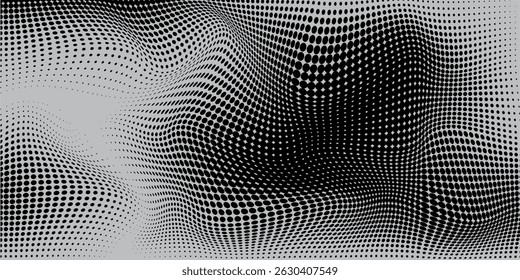 Medio tono de onda Abstractas en blanco y negro. Textura monocromática para imprimir en insignias, carteles y tarjetas de visita. Patrón de Antiguas de puntos ordenados aleatoriamente Vector eps10.