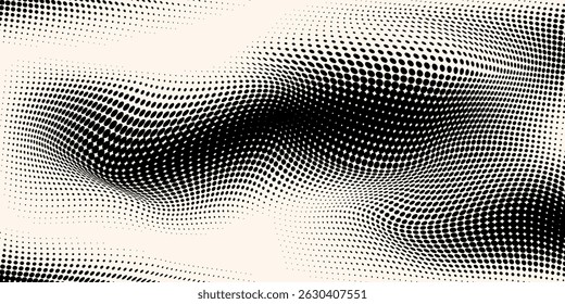 Abstract wave halftone black and white. Monochrome texture for printing on badges, posters, and business cards. Vintage pattern of dots randomly arranged