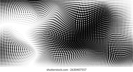 Abstract wave halftone black and white. Monochrome texture for printing on badges, posters, and business cards. Vintage pattern of dots randomly arranged vector eps10.