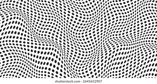 Abstract wave halftone black and white. Monochrome texture for printing on badges, posters, and business cards. Vintage pattern of dots randomly arranged