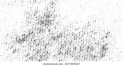 Medio tono de onda Abstractas en blanco y negro. Textura monocromática para imprimir en insignias, carteles y tarjetas de visita. Patrón de Antiguas de puntos ordenados aleatoriamente