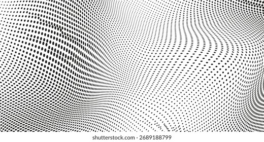 Abstract wave halftone black and white. Monochrome texture for printing on badges, posters, and business cards. Vintage pattern of dots randomly arranged