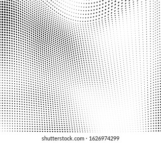 Abstract wave of halftone texture. Chaotic background of black dots on a white field. Template for printing on wrapping paper