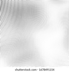 Abstract wave of halftone texture. Chaotic background of black dots on a white field. Template for printing on wrapping paper