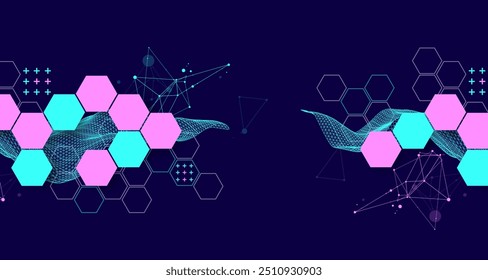 A onda abstrata com hexágono é feita em um estilo de quadro. Modelo para apresentação de ciência e tecnologia. Arte vetorial desenhada à mão.