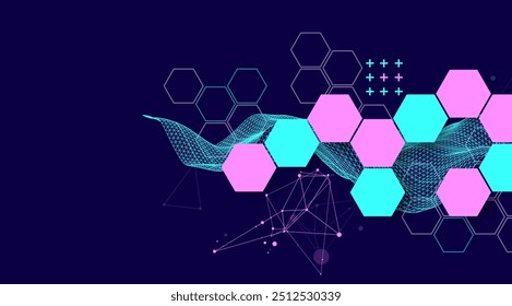 The abstract wave with hexagon is made in a frame style. Template for science and technology presentation. Hand drawn vector art.
