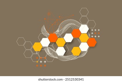 The abstract wave with hexagon is made in a frame style. Template for science and technology presentation. Hand drawn vector art.